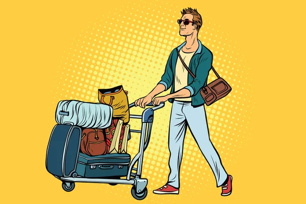Turista homem com carrinho de bagagem — Vetor de Stock