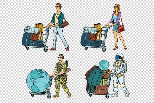 Set viajeros hombre mujer soldado y astronauta — Vector de stock