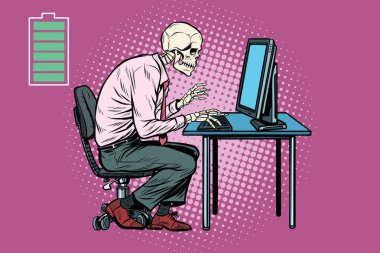 Skeleton worker working on computer clipart