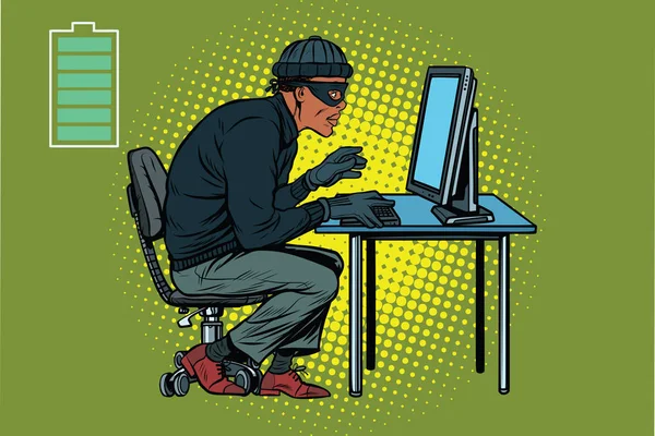 African hacker thief hacking into a computer — Stock Vector