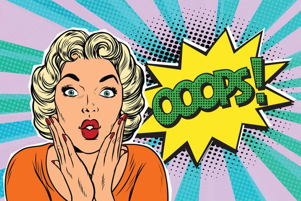 Oops pop arte rubia mujer — Vector de stock