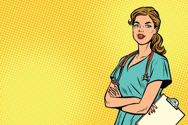 Belle infirmière caucasienne avec stéthoscope — Image vectorielle
