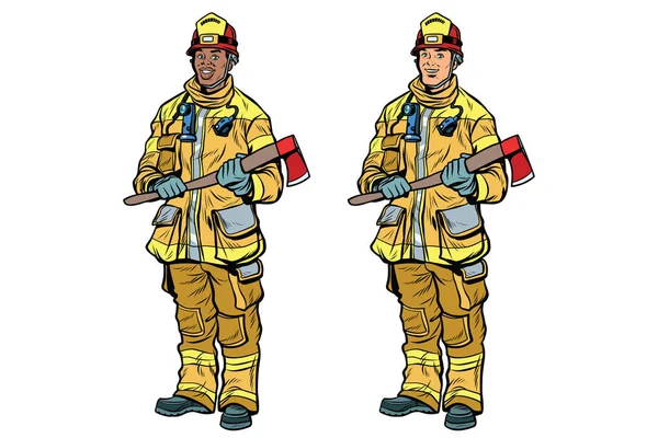 African American and Caucasian firemen in uniform with axes — Stock Vector