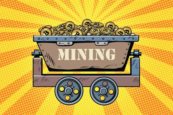 Trole de mineração com criptomoeda bitcoin — Vetor de Stock