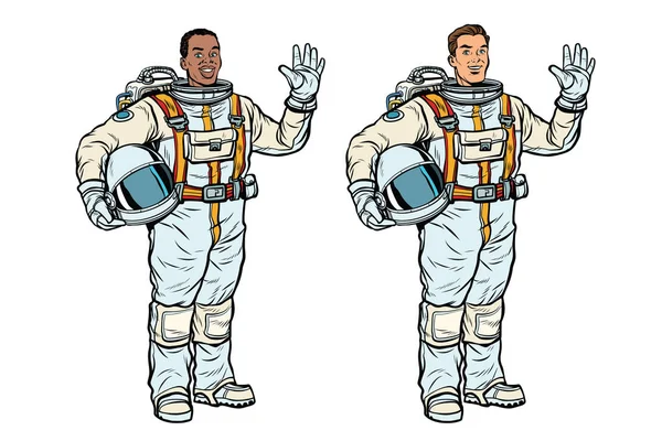 Afrikanska och kaukasiska astronauter i rymddräkter — Stock vektor
