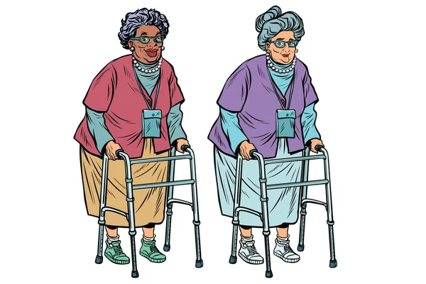 Africaines et caucasiennes vieilles dames avec walker — Image vectorielle