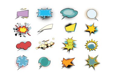 Beyaz arka plan üzerinde izole renkli çizgi roman kabarcıklar kümesi