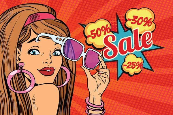 Hermosa mujer joven en gafas de sol, venta sorpresa — Vector de stock