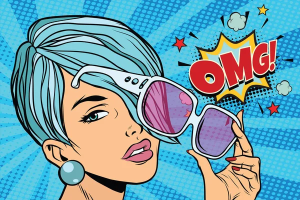 Hermosa mujer joven en gafas de sol, omg reacción — Vector de stock