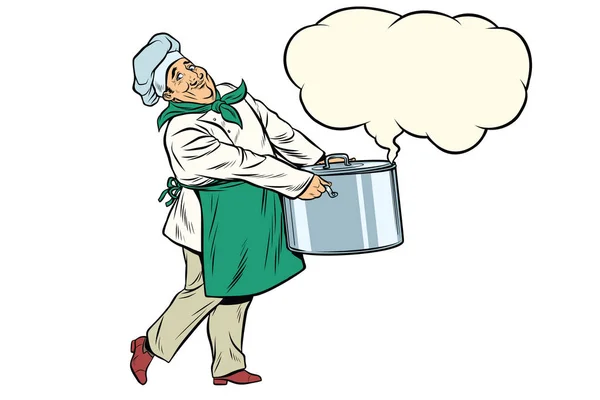 Chef italiano ou francês segurando uma panela quente, nuvem de vapor — Vetor de Stock