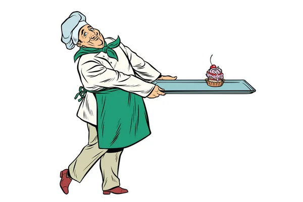 Szakács szakács hozza egy tálca desszert cupcake — Stock Vector