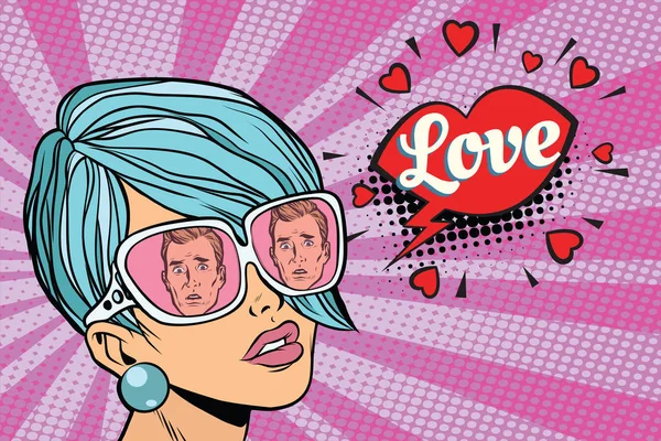 Пара кохання, відображення чоловіків у сонцезахисних окулярах жінок — стоковий вектор