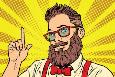 Bearded hipster man portrait pointing finger clipart