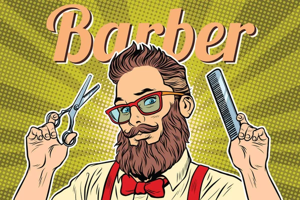 Bearded hipster barber with scissors and comb — Stock Vector