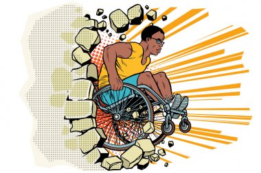 Siyah erkek atlet tekerlekli sandalyede duvara yumruk atıyor.