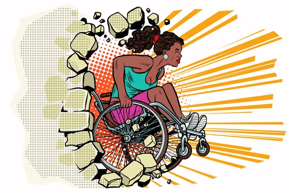 Sportowiec czarna kobieta na wózku inwalidzkim przebija ściany — Wektor stockowy