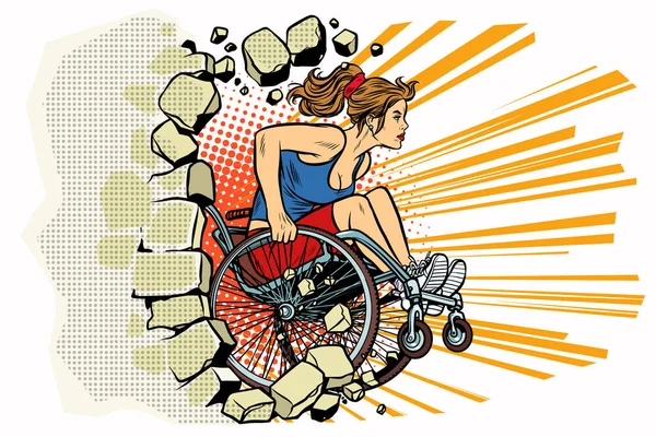 Atleta caucasica donna in sedia a rotelle pugna il muro — Vettoriale Stock