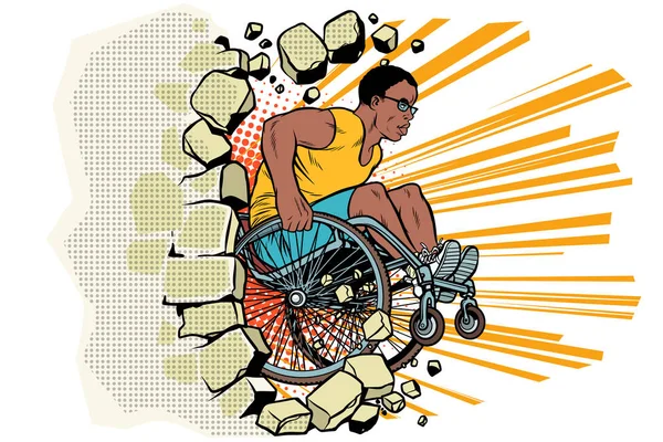 Siyah erkek atlet tekerlekli sandalyede duvara yumruk atıyor.