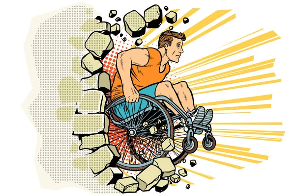 Kaukasische mannelijke atleet in een rolstoel stoten de muur — Stockvector