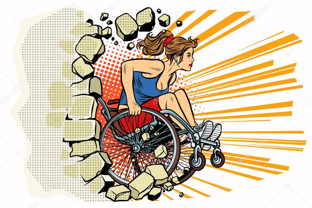 Caucasian woman athlete in a wheelchair punches the wall