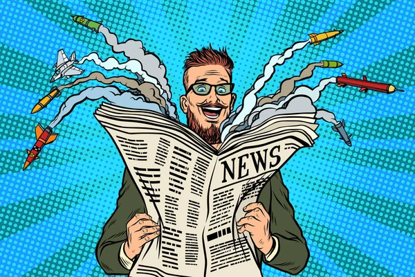 Hipster gelukkig militaire nieuws papieren krant — Stockvector