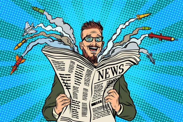 Hipster feliz periódico de noticias militares — Archivo Imágenes Vectoriales