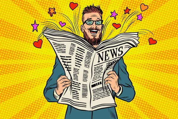 Feliz hipster lee las noticias del periódico — Vector de stock