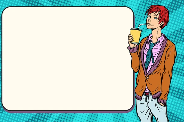 Μοντέρνα hipster πίνοντας ένα ποτό, manga anime νεαρός άνδρας — Διανυσματικό Αρχείο