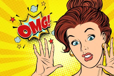 Korkmuş Omg kadın. Pop art retro