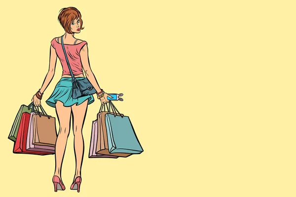 젊은 여자 쇼핑 가방 판매 — 스톡 벡터