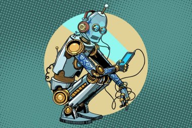 Robot oturur ve smartphone okur