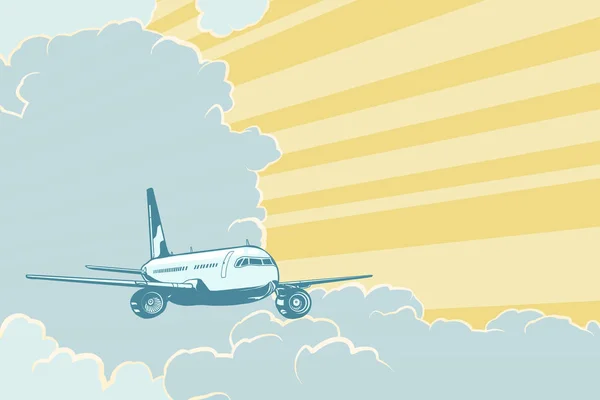 复古飞机在云层中飞行。空中旅行背景 — 图库矢量图片