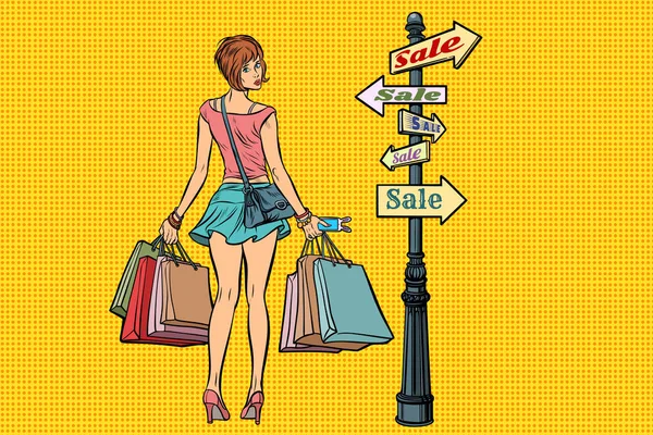 Young woman at the sign for sales — Stock Vector