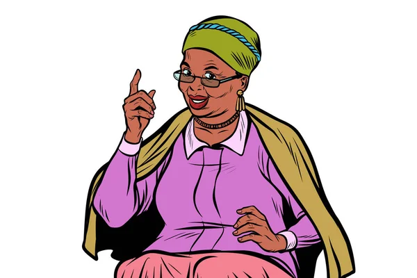 Africana anciana señalando con el dedo hacia arriba, aislado en el respaldo blanco — Archivo Imágenes Vectoriales