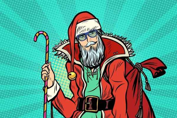 Hipster Kerstman met snoep en gift van Kerstmis — Stockvector