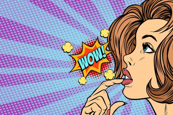 Wow mujer piensa pop arte retro — Vector de stock