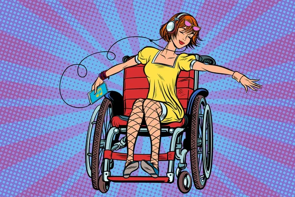 Modern joyful teen girl disabled in a wheelchair, listening to m — Stock Vector