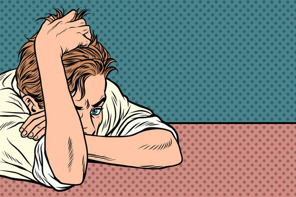 Man ligt op de tafel, denken, depressie en vermoeidheid — Stockvector