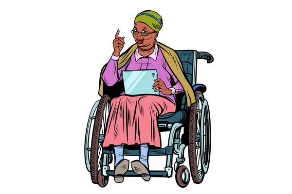 Femme âgée africaine handicapée en fauteuil roulant, isolée o — Image vectorielle