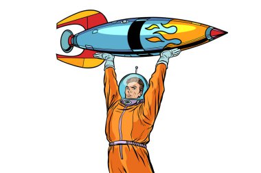 Astronot ve beyaz arka plan üzerinde yalıtılmış bağbozumu roket