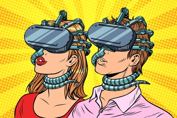 Пара мужчина и женщина в виртуальной реальности — стоковый вектор