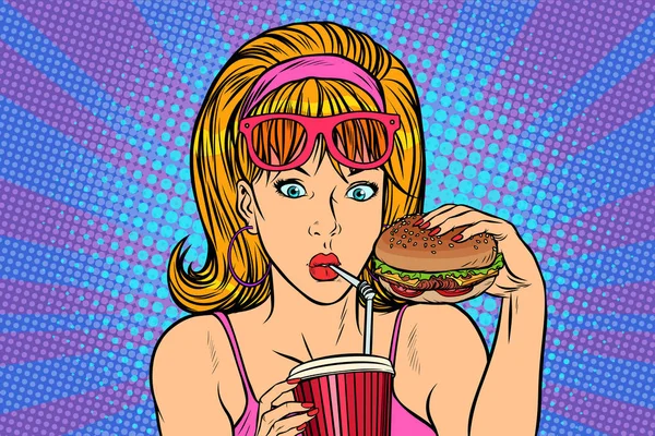 Pop art woman with fast food — Stock Vector