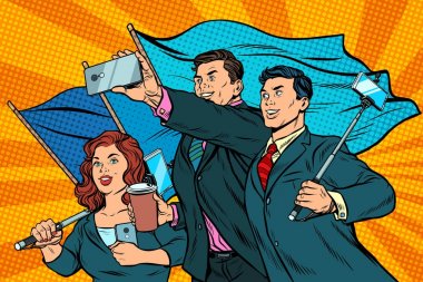 akıllı telefonlar ve bayraklar, poster Sosyalist gerçekçilik ile işadamları