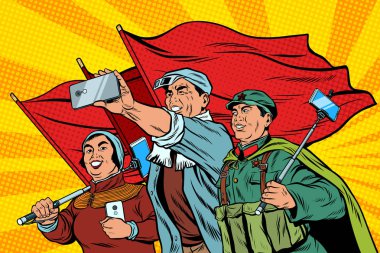 Akıllı telefonlar selfie, poster Sosyalist realis ile Çinli işçiye