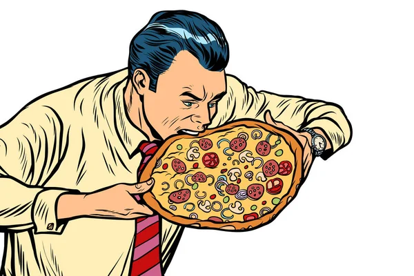 Mann isst Pizza, isoliert auf weißem Hintergrund — Stockvektor