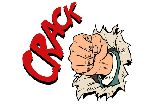 Crack, a fist punches the paper — Stock Vector