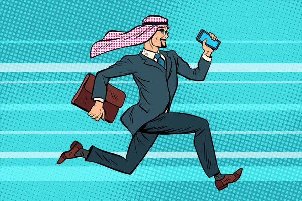 Arabische zakenman loopt naar voren, de telefoon en de werkmap in de hand — Stockvector