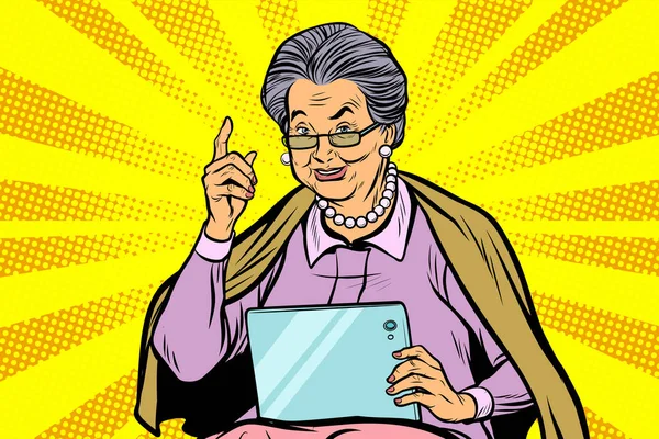 Mujer anciana caucásica con un comprimido — Vector de stock