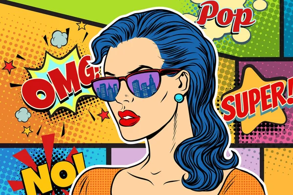 Pop-art mooie vrouw in zonnebril — Stockvector
