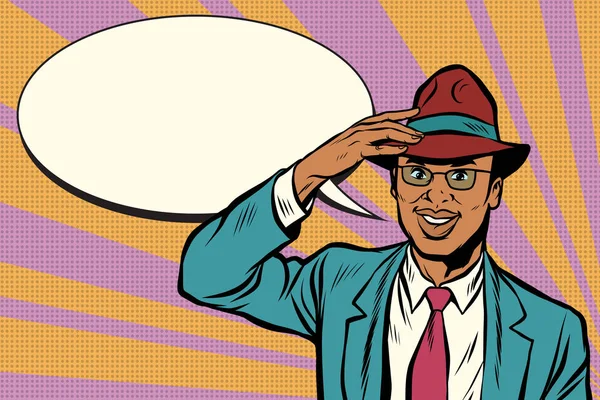 Retro empresario africano se quita el sombrero — Vector de stock